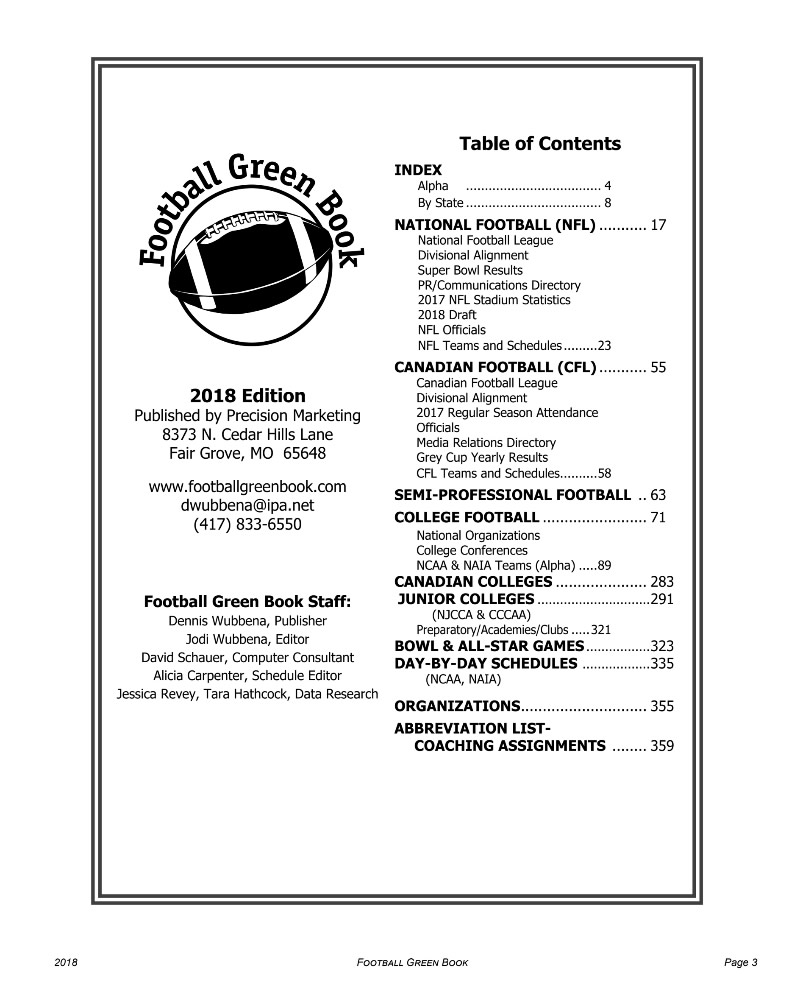 Football Green Book Table of Contents